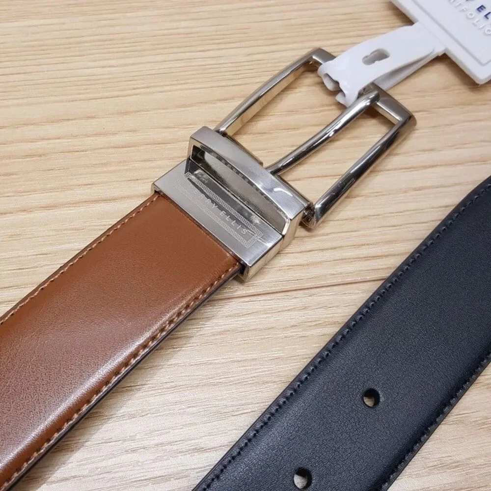 PERRY ELLIS Belt Mens Size 40 Cognac Brown Black Reversible Bonded Leather